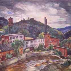 Watercolor by W. Lester Stevens: Berkshire Mills, represented by Childs Gallery