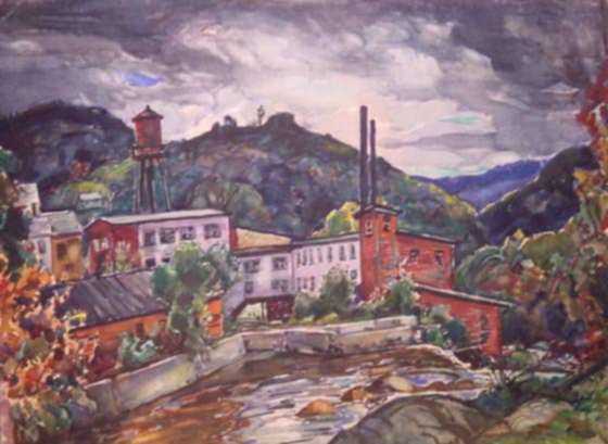 Watercolor by W. Lester Stevens: Berkshire Mills, represented by Childs Gallery