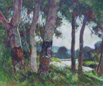 Painting by W. Lester Stevens: Birches on Route 2/Shelburne Falls, represented by Childs Gallery