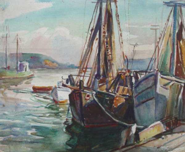 Watercolor by W. Lester Stevens: Boats Docked, Gloucester, represented by Childs Gallery