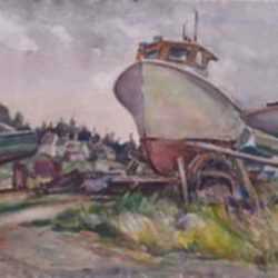 Watercolor by W. Lester Stevens: Drydock, Port Clyde, Maine, represented by Childs Gallery