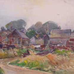 Watercolor by W. Lester Stevens: Fishing Village, represented by Childs Gallery