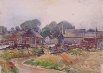 Watercolor by W. Lester Stevens: Fishing Village, represented by Childs Gallery