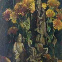 Painting by W. Lester Stevens: Flowers and Statue, represented by Childs Gallery