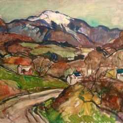 Painting by W. Lester Stevens: Village in the Hills, represented by Childs Gallery