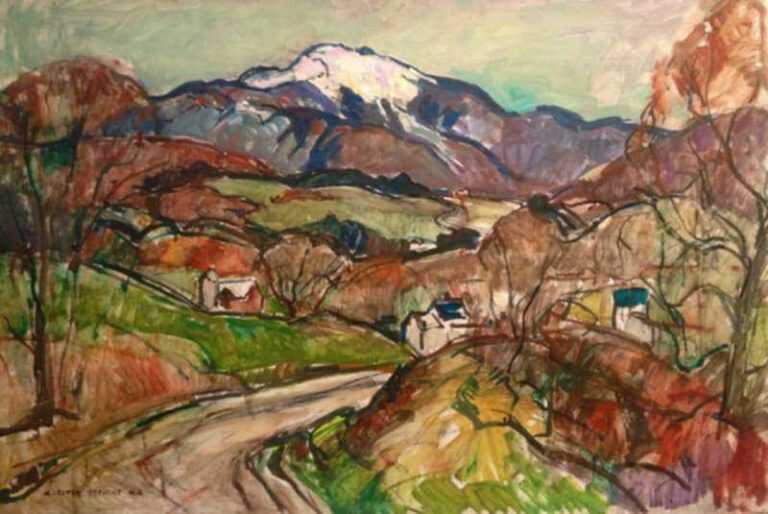Painting by W. Lester Stevens: Village in the Hills, represented by Childs Gallery