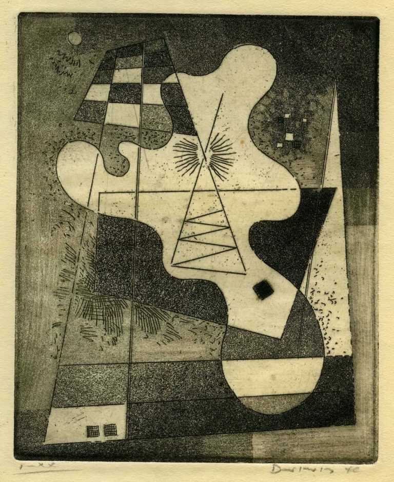 Print By Werner Drewes: Upright Curved Form Abstraction At Childs Gallery