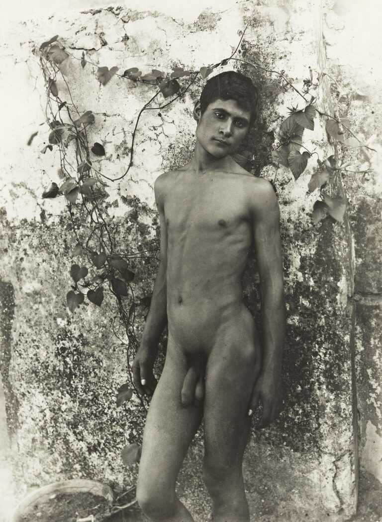 Photograph by Wilhelm von Gloeden: Nude Leaning Against a Wall, available at Childs Gallery, Boston