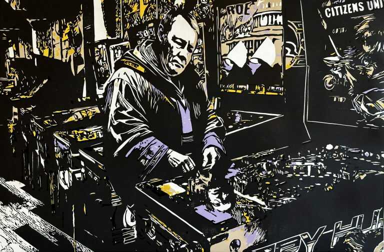 Print by William Evertson: John Plays a Mean Pinball, available at Childs Gallery, Boston