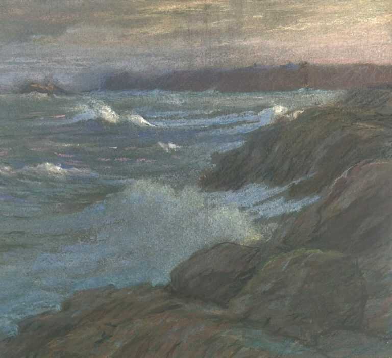 Pastel by William Partridge Burpee: Cape Ann Rocks at Sunset, available at Childs Gallery, Boston