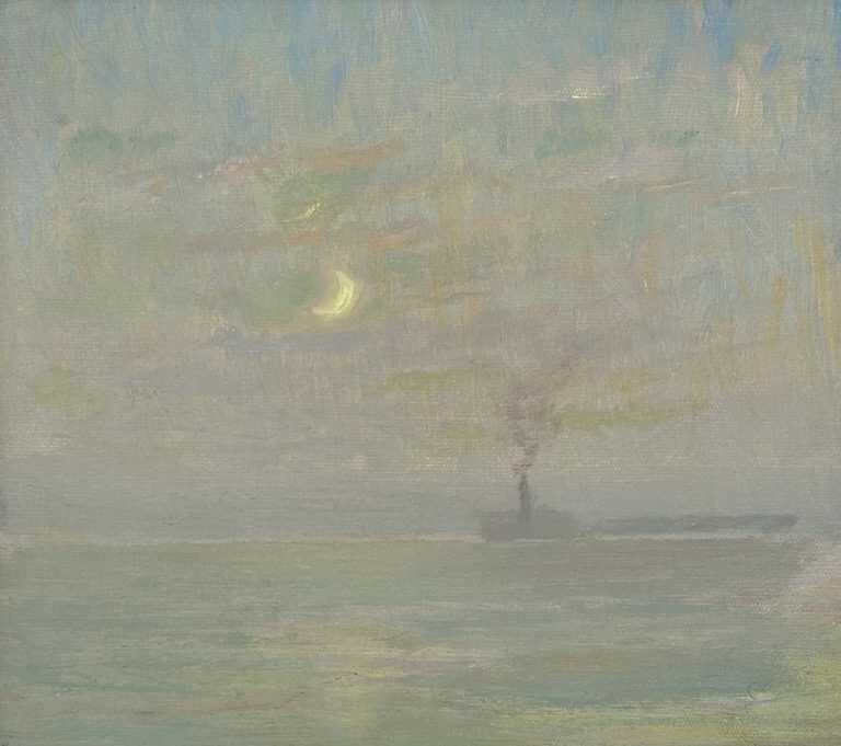 Painting by William Partridge Burpee: Evening Effect – Moonlight and Smoke, available at Childs Gallery, Boston