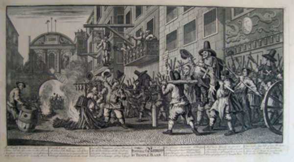 Print by William Hogarth: Burning the Rumps at Temple Bar, represented by Childs Gallery