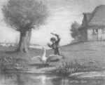 Print by William Morris Hunt: Boy with a Goose, represented by Childs Gallery
