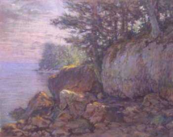 Pastel by William Partridge Burpee: [Rocky Coast with Fir Trees], represented by Childs Gallery