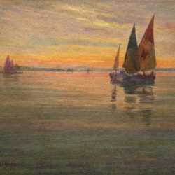 Watercolor by William Partridge Burpee: [Sunset with Sailboats], represented by Childs Gallery