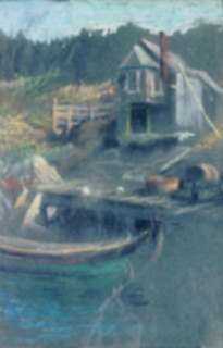 Pastel by William Partridge Burpee: Dory, dock and house, represented by Childs Gallery