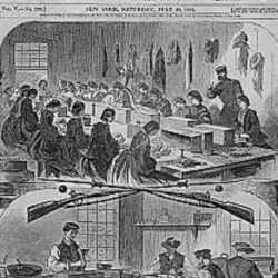 Print by Winslow Homer: Filling Cartridges at the United States Arsenal at Watertown Massachusetts, available at Childs Gallery, Boston