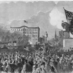Print by Winslow Homer: The Great Meeting in Union Square, New York, to Support the Government, April 20, 1861, available at Childs Gallery, Boston