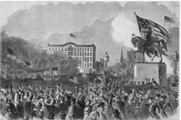 Print by Winslow Homer: The Great Meeting in Union Square, New York, to Support the Government, April 20, 1861, available at Childs Gallery, Boston