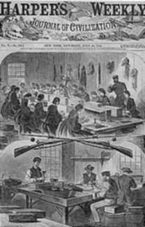 Print by Winslow Homer: Filling Cartridges at the United States Arsenal at Watertown, represented by Childs Gallery