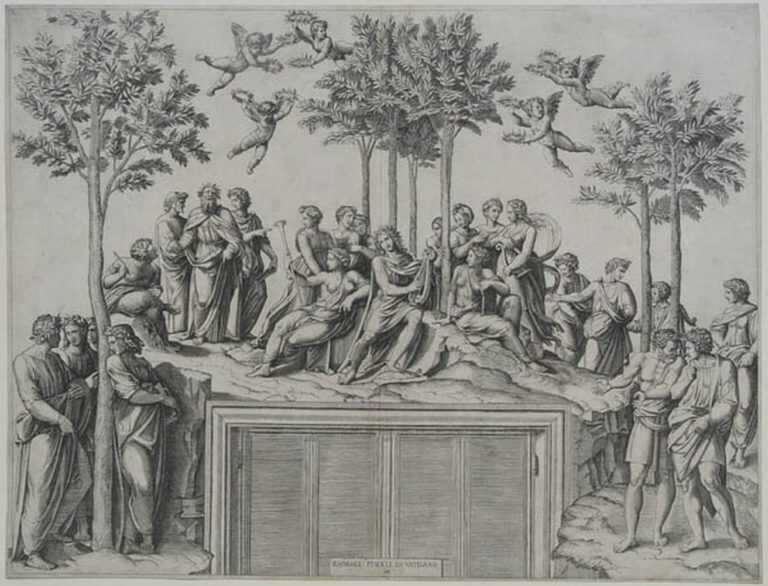 Print By Workshop Of Marcantonio Raimondi: Apollo On Parnassus [after Engraving By Marcantonio Raimondi (1480 1534) After Raphael Sanzio (1483 1520)] At Childs Gallery